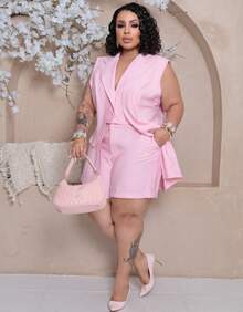 Women's Premium Plus Size Double Vest And Short Set - Rosa Claro - View 4