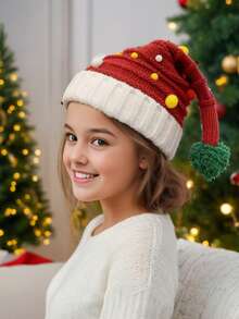 成人和儿童圣诞帽，红色针织帽配绒球，男女通用圣诞节节日帽，适合成人和儿童圣诞派对 - 彩色 - 查看 4