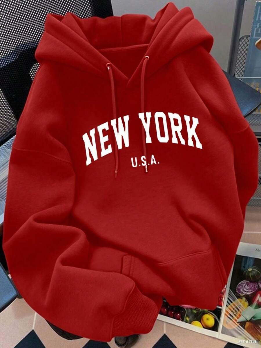 Sudadera casual para mujer con capucha, manga larga, estilo holgado, estampado de letras americanas, primavera otoño, uso diario - Rojo - Ver 1