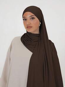 1pc Women's Simple Classic Solid Color Elegant Casual Edged Scarf, Premium Knit Fabric Viscose Jersey Hijabs Scarf, Long Turban Style Headscarf, Suitable For Daily Life, Outings And Gatherings - Brown - View 3