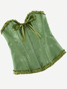 束胸紧身胸衣，褶皱荷叶边收腰连体衣，正式场合紧身露背系带女式紧身胸衣，经典复古万圣节服装 - 橄欖綠 - 查看 2