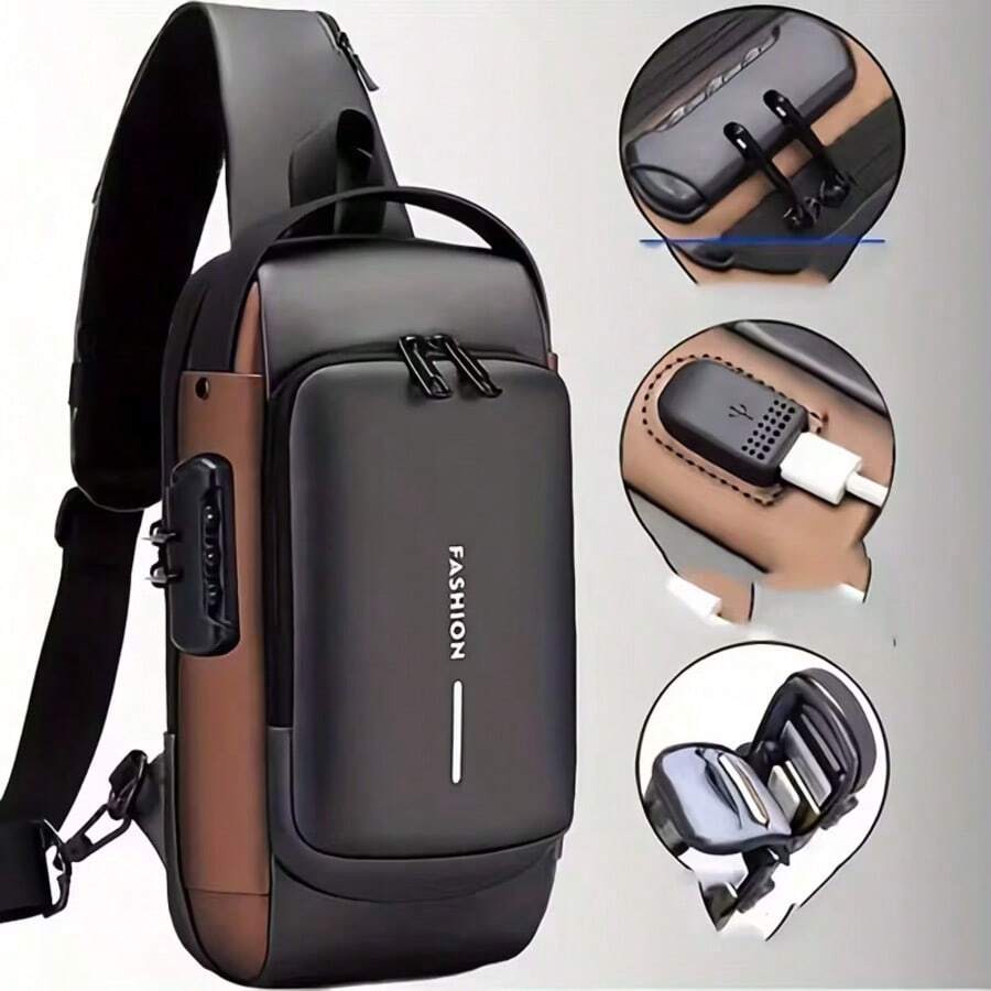 Tas Selempang Dada Pria dengan Kunci Sandi Anti-Pencurian, Teknologi Anti-Pencurian dan Kunci Tombol Digital - Tali yang Dapat Diatur, Perangkat Keras Warna Emas, Kain Tahan Lama, Kompartemen Resleting dan Kompatibilitas Port, Cocok untuk Sepeda Motor, Perjalanan, Gym, Penggunaan Sehari-hari - Acara Kasual dan Formal (Hitam/Cokelat) - Muat Smartphone dan Barang-Barang Penting - MultiWarna - View 1