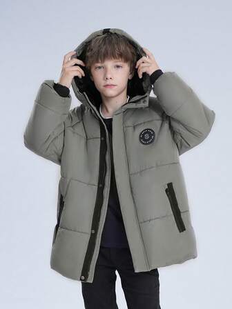 Abrigo acolchado grueso con capucha para niños, con cremallera frontal, bolsillos, ropa de abrigo casual para invierno