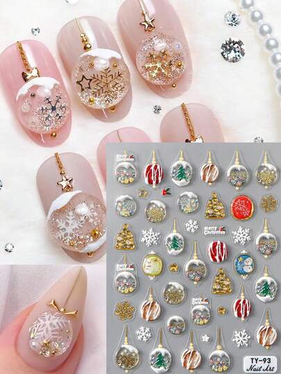 FULL BEAUTY 1个浮雕果冻水晶球圣诞美甲贴纸铃铛雪花圣诞树冬青雪人星星Y2K美甲圣诞滑块新年美甲饰品美甲用品美甲