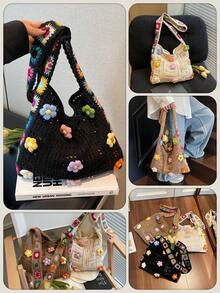Dedoo Bohemian Style Retro Hollow-Out Floral Contrast Color Casual Crossbody Bag Tote Bag Vocation Holiday Outgoing Shopping Bag(The Color Position Of Flowers Is Random)(The Color/Pattern Of Shoulder Strap Is Random) Suitable For Traveling And Shopping, Commuting To Work.Can Be Used As Valentine's Day, Thanksgiving, Halloween,Christmas Gift. - Multicolor - View 5