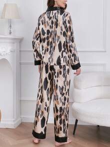 Set de pijamale pentru femei cu imprimeu leopard, cu buzunare în față și nasturi în față, mânecă lungă, toamnă/iarnă, haine de toamnă