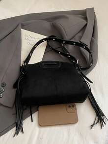 Nova Bolsa de Ombro Feminina da Moda, Design Minimalista de Borla de Cor Sólida, Couro PU de Alta Qualidade, Elegante Bolsa de Ombro/Mão, Adequada para Encontros, Compras, Versátil e Refinada