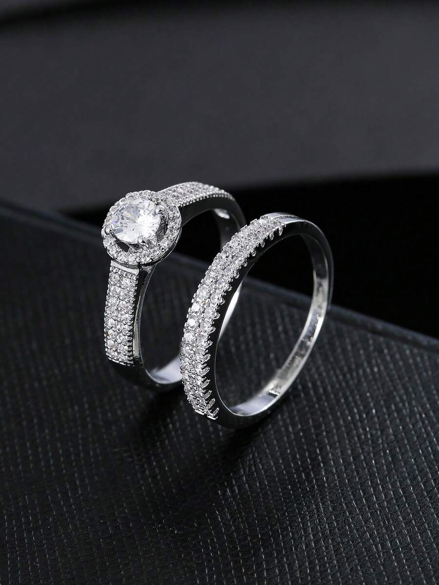 2 件套方晶锆石戒指套装，时尚叠戴戒指，适合女性日常佩戴 - 銀色 - 查看 1
