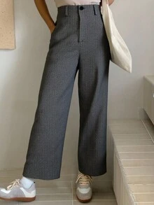 Livesso 女式人字纹羊毛混纺直筒九分裤，秋冬休闲长裤