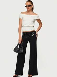Womens Fold Over Yoga Pants Low Waist Contrast Color Wide Leg Flare Pants Sweatpants - Chấm bi đen - Xem 1