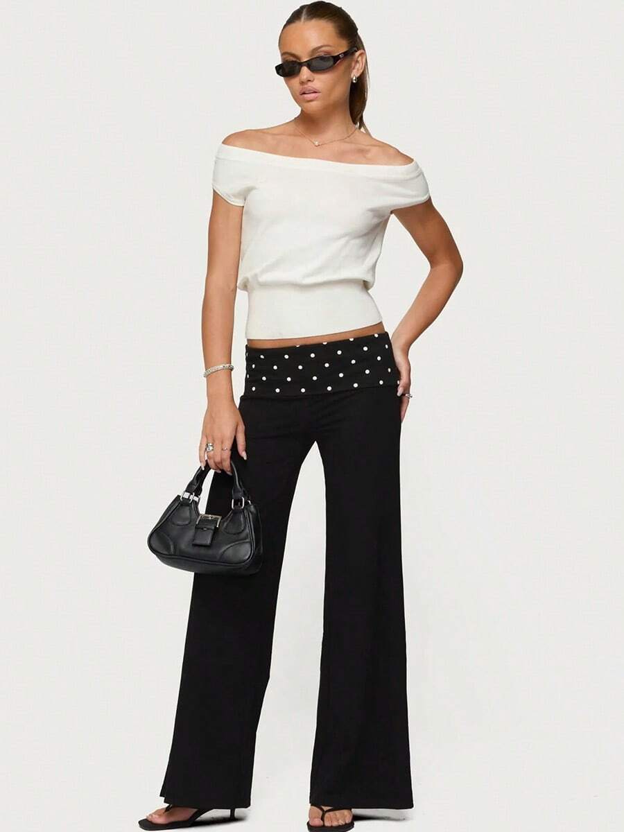 Womens Fold Over Yoga Pants Low Waist Contrast Color Wide Leg Flare Pants Sweatpants - Chấm bi đen - Xem 1