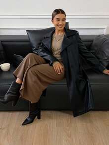 Livesso Lapel Neck Slant Pocket Patent Trench Coat,Fall Clothes Women Jacket - Black - View 5