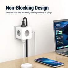 PASSUS Regleta de enchufes ahorradora de espacio con 5 tomas de CA - Adaptador de enchufe de pared multifunción para la UE, apto para el hogar, la oficina y los viajes, color gris claro