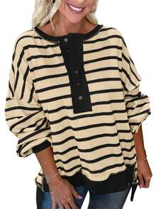 Womens Loose Fit Striped Henley Waffle Knit Pullover Casual Sweatshirt Tops - Màu be - Xem 5