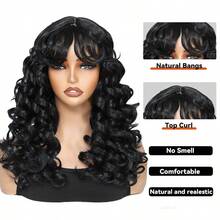 Synthetic Heat Resistant Wigs Bouncy Curls Wigs With Bangs Copper Ginger 20 Inch Natural Black Wig Bangs Wig Daily Used Easy To Wear Beginner Friendly Big Bouncy Fluff Curly Wigs - 1B - Xem 5