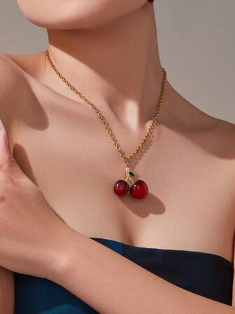 女士项链 - 时尚树脂锆石樱桃吊坠项链 - 礼物 - 派对 - 日常佩戴