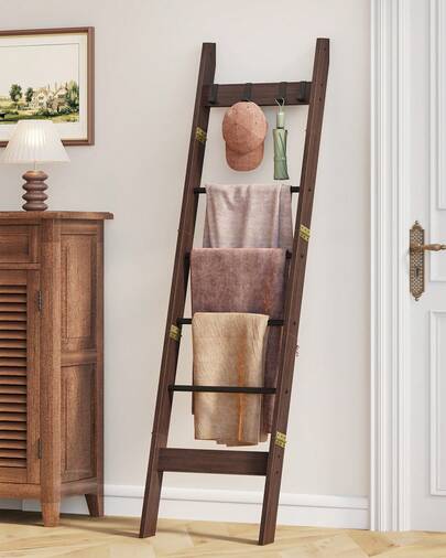 HEXCELEN Blanket Ladder Shelf For Living Room, Decorative Quilt Rack With 4 Removable Hooks, 6-Tier Farmhouse Ladder Holder Organizer For Bedroom, Black Tea Brown