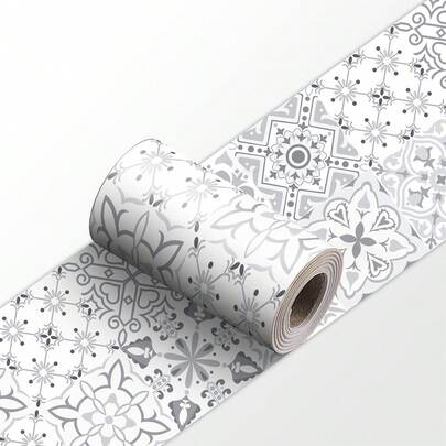 1 pieza Adhesivo de pared con patrón floral gris y blanco, papel tapiz plano autoadhesivo y removible de PVC elegante, adecuado para el hogar, la cocina, la habitación, la decoración de paredes