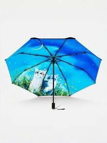 Guarda-chuva Dobrável Portátil Ultralight com Gato e Lua, Essenciais de Viagem, Esqueleto de Alumínio, Revestimento Fofo de Vinil, Proteção UV à Prova de Chuva, Presente, Proteção Solar para Homens e Mulheres