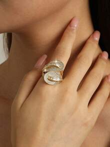 1 chiếc nhẫn hình lá nhiều lớp sang trọng đính đá Cubic Zirconia, phụ kiện trang sức cưới thời trang lấp lánh, có thể điều chỉnh kích thước, phù hợp cho phụ nữ đeo hàng ngày, đi du lịch và nhiều dịp khác nhau. - Vàng - Xem 5