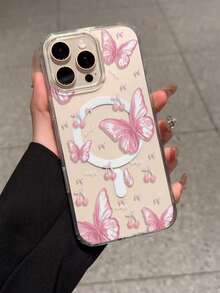 1 Peça Capa de Telefone Magnética de Alta Moda com Estampa de Borboleta, Cereja e Letra, Compatível com Apple XS/XS Max/XR/11/12/13/14/14 Plus/15/15 Plus/16/16 Plus/7/8 Plus/17/17 Pro e Outros Modelos, Capa Protetora - Azul - Visão 3