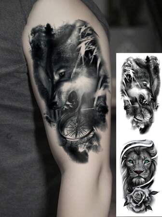 2 Sheets Big Size Body Art Tattoo Stickers For Men, Black Cool Lion Wolf Clock Rose Pattern, Waterproof Fake Tattoo, Lasts 2-5 Days, Covers Scars, Used On Arms, Shoulders, Chest, Waist And Legs, Suitable For Festivals, Parties, Music Festivals And Street Performances