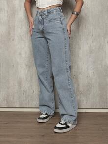 Shein Women's Wide Leg High Waisted Luxury Elegant 100% Denim Jeans - Rửa trung bình - Xem 2