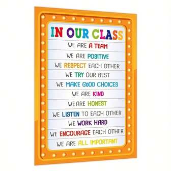 班级规则海报 - 我们是一支团队激励海报，配有彩色插图和积极信息，适合高中、初中和小学教师的无框教室装饰，2D 图形设计，完美的房间装饰