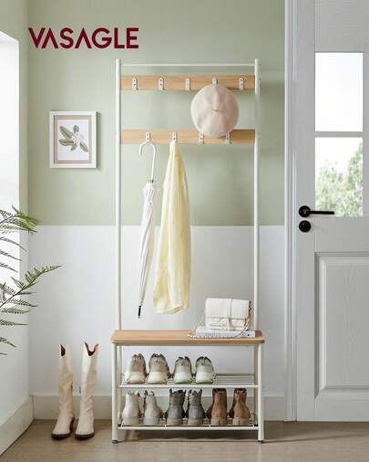 Coat Rack, Hallway Cabinet, Cloakroom, Clothes Rack, With Bench And Shoe Shelves, Hooks, Metal Frame, Height 175 Cm, Industrial Style, Rustic Brown And Black/Grege And Black/ Oak And Cream/Walnut Brown And Black