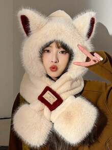 1pc This Plush And Cute Fox-Eared Hat And Scarf In One Piece Is A Women's Autumn And Winter Neck For Cycling Warmth. It's A Hooded Scarf Suitable For Outdoor Exploration, Cycling And Skiing. It's A Christmas Gift