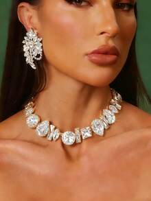 3pcs/Set Exaggerated Rhinestone Jewelry Set, Sparkling Necklace & Earrings Design, Women Accessories - Silver - View 13