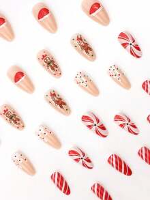 24 pezzi di smalto per unghie a goccia di medie dimensioni natalizio, stile europeo e americano, con strisce rosse natalizie, design carino di omini di pan di zenzero, patch decorative per arte di unghie, unghie finte completamente coperte, patch artistiche per il ritorno a scuola, accessori per arte di unghie, set di unghie versatile per uso quotidiano, adatto per donne d'ufficio, feste, appuntamenti e uso quotidiano per decorare le unghie e migliorare il tuo stile di moda