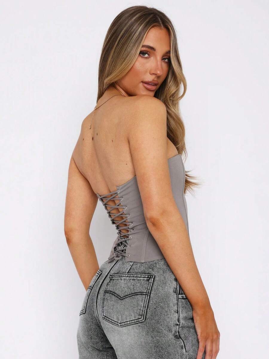 Women Bustier Corset Top Y2k Strapless Tie Back Boned Overbust Tube Crop Tops Going Out Club Shapewear - 灰色 - 查看 1