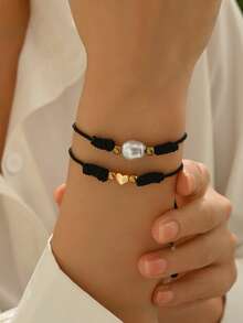 2 buc/set brățară reglabilă împletită cu perle artificiale, stil boem minimalist vintage, potrivită pentru sărbători, ziua de naștere, Ziua Îndrăgostiților, absolvire, cadou pentru cupluri și prieteni - Negru - Vizualizare 1