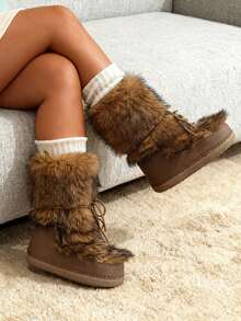 Faux Fur Snow Boots For Women Fuzzy Fluffy Furry Lace Up Mid Calf Boots Winter Warm Fur Boots For Christmas - 棕色2 - 查看 1