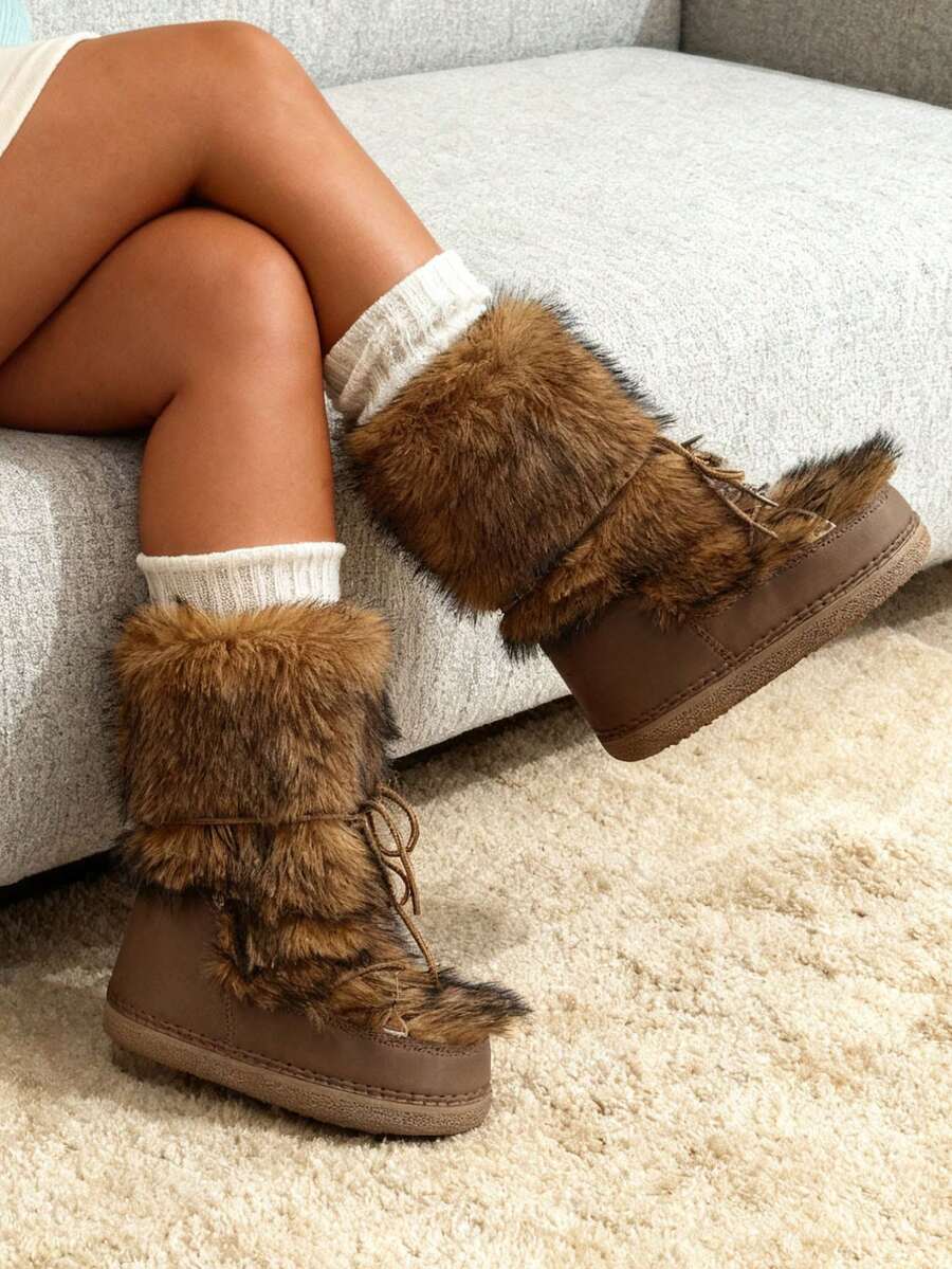 Faux Fur Snow Boots For Women Fuzzy Fluffy Furry Lace Up Mid Calf Boots Winter Warm Fur Boots For Christmas - 棕色2 - 查看 1