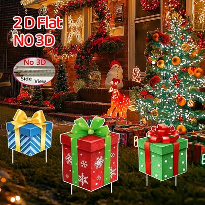2D Flat 3pcs Christmas Yard Signs Decor Christmas Yard Stakes Outdoor Xmas Signs With Stakes For Xmas Holiday Outdoor Garden Lawn Pathway, Holiday Decorations, Seasonal Lawn Decor, Festive Stakes, Flat Sign Design, Sturdy Construction, Outdoor Decorations, Homeowners, Garden Decorators,