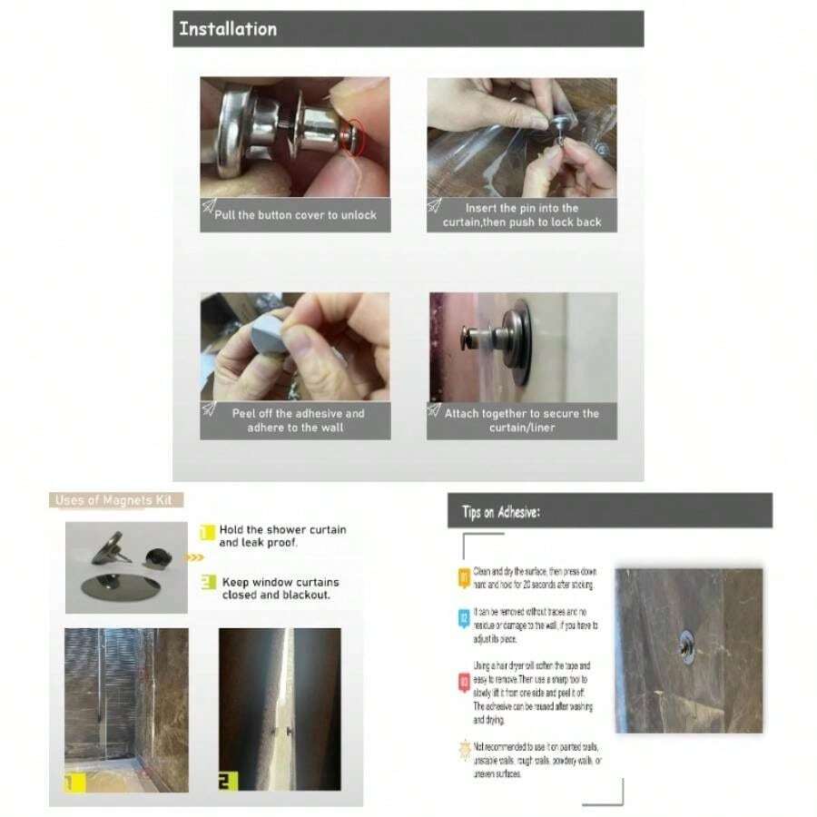 Imanes laterales para cortina de ducha para mantener la cortina cerrada a la pared - Clips magnéticos laterales de la ducha, protección contra salpicaduras para mantener en la bañera, 8 piezas de tamaño grande, color plateado - Grande - Ver 1