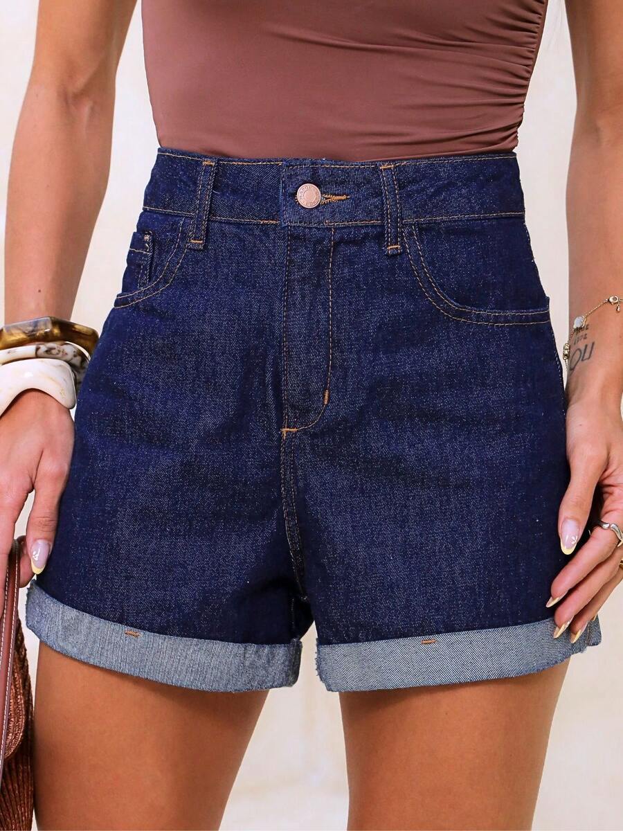 Women's High Waist Mom Jean Shorts - Teal Blue - View 1