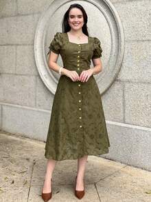 Women's Midi Dress, Casual, Elegant, Cotton, Daily - 軍綠色 - 查看 5