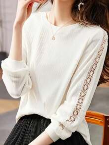 Crew Neck Hollow Out Delicate Lady-Like Elegant Versatile Blouse - White - View 3