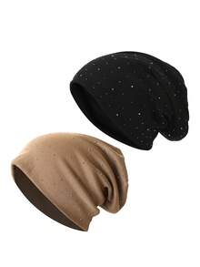 1 pieza/2 piezas Gorro elástico de mujer casual de unicolor con strass, versátil y de moda - multicolor - Ver 14