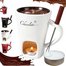 1 set Tasse à café en céramique, pot à faire fondre le chocolat avec fourchette pour cuisine et salle à manger, tasse réchauffe-fromage et set de fusion du chocolat - convient pour mariage en extérieur, fête, cadeau d'anniversaire