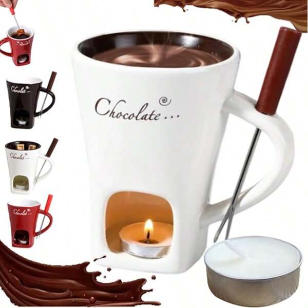 1 Set Ceramic Coffee Cup, Kitchen & Dining Chocolate Melting Pot With Fork, Cheese Warmer Cup And Chocolate Melting Set - Suitable For Outdoor Wedding, Party, Birthday Gift