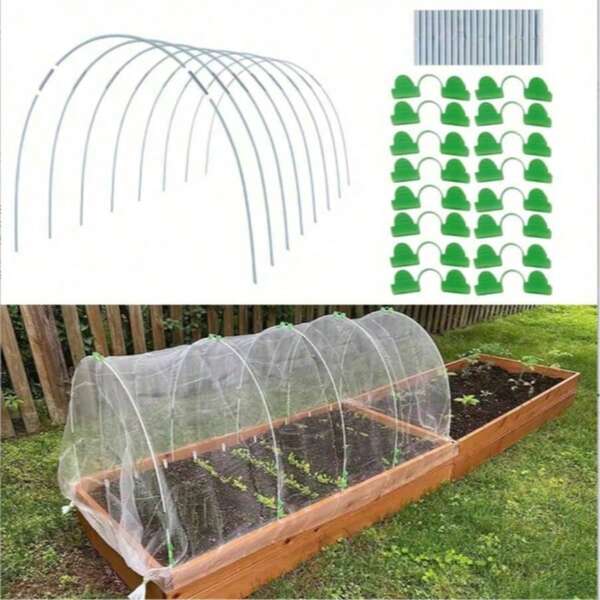 61pcs Garden Hoops Kit, Reusable DIY Grow Tunnel Supports, Greenhouse Hoops With Fiber Rods, Metal Connectors & Plastic Clips For Raised Beds, Plant Shading, Gardening Supplies, Includes 25 Fiber Rods, 20 Metal Connectors, 16 Double-Headed Fixers