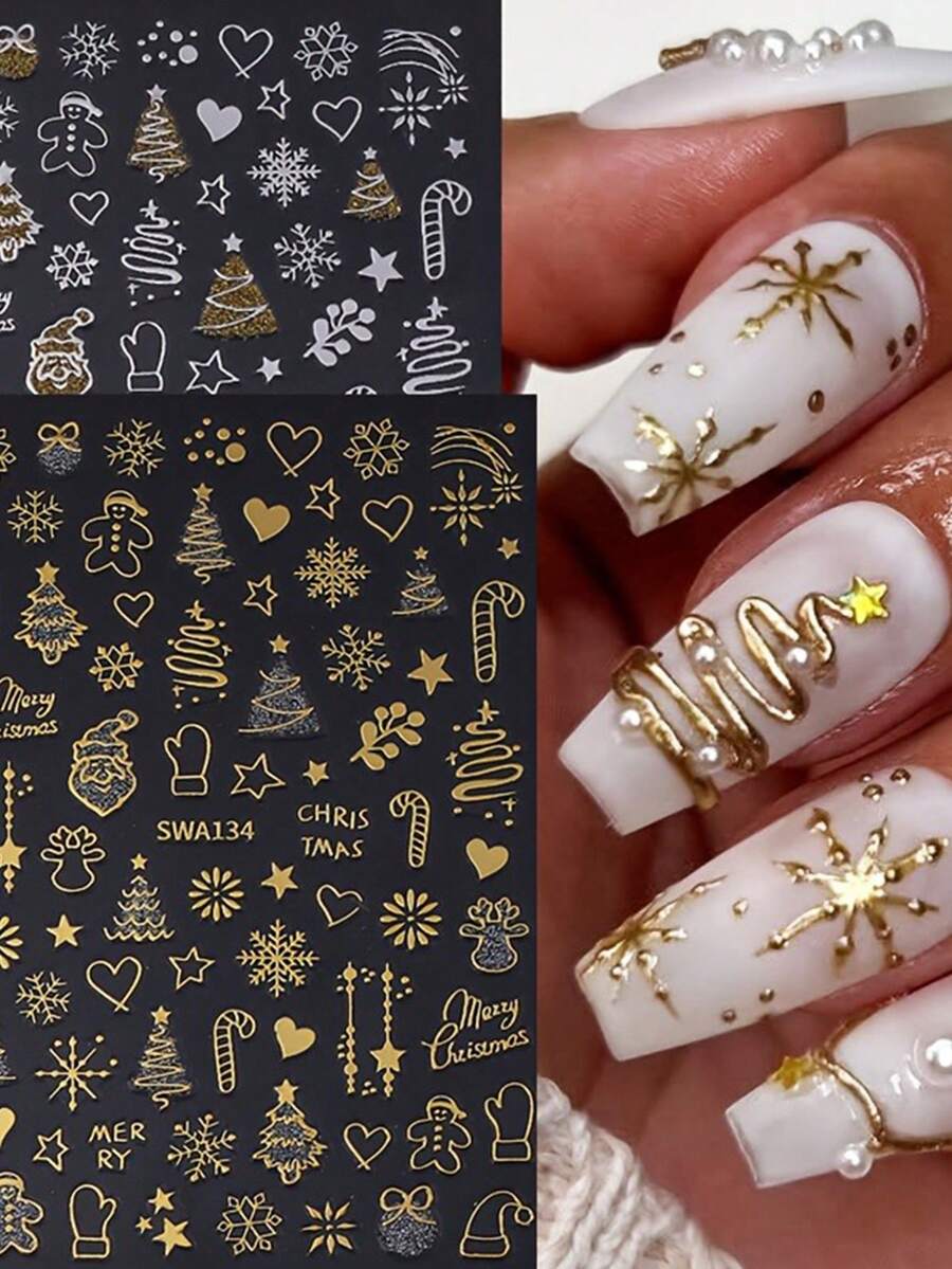 2 Peças de Adesivos de Arte de Unhas com Estampagem a Quente de Natal e Inverno - Elementos de Natal com Estampagem a Quente de Flocos de Neve, Árvores de Natal, Papai Noel, Biscoitos de Gengibre, Estrelas, Design de Arte do Amor, Adequado para Uso Diário, Casamento, Feriados de Mulheres, Adesivos de Unha Autoadesivos Descartáveis, Estilo Simples e Luxuoso, Adesivos de Decoração de Unhas Fáceis de Colar