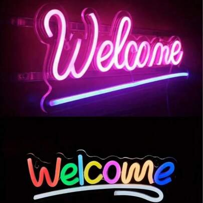 Dos modelos de letreros de bienvenida LED de neón alimentados por USB - Decoraciones de pared rosa vibrante adecuadas para hogares, negocios, fiestas, bares o restaurantes, equipadas con pegatinas doble cara nano y un enchufe USB de 5V, creando una atmósfera de restaurante | Letrero de neón moderno | Iluminación alimentada por USB.