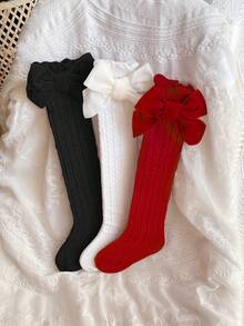 3 Pairs Girls' Cute Bowknot & Cable Knit Mid-Calf Socks, Suitable For Children Aged 0-14 Years Old, Versatile For Daily Wear - Multicolor - View 13