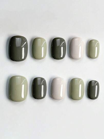 10 pezzi di unghie finte corte e quadrate, realizzate a mano, di colore verde, in stile Y2K, delicate e semplici, con colori a contrasto, adatte per donne e ragazze, per l'utilizzo in autunno/inverno, feste e vita quotidiana