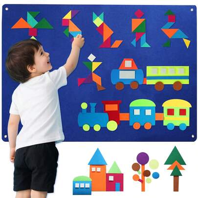 Tablero de formas de fieltro para niños de 41.1 x 29.4 pulgadas, juguetes de rompecabezas geométricos para niños pequeños, juego de tangram DIY para niños y niñas, alfombra de actividad sensorial y educativa para el aula preescolar